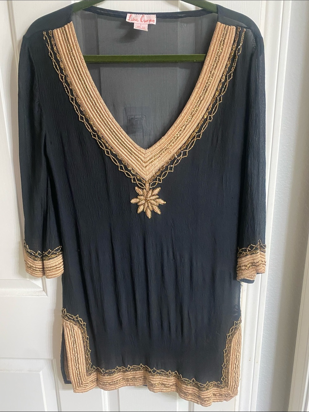 Black Long-Sleeve Tunic Dress with Gold Embellishment